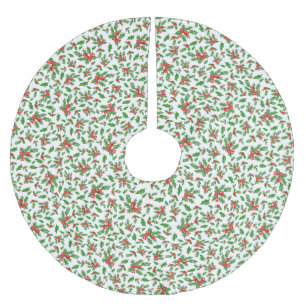 Jupon De Sapin En Polyester Brossé Feuilles et baies de Noël rouges et verts