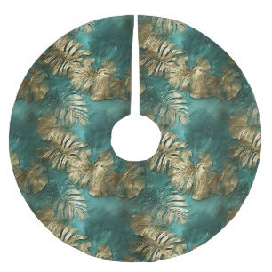 Jupon De Sapin En Polyester Brossé Feuilles Vert Émeraude Or Tropical