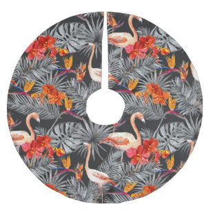 Jupon De Sapin En Polyester Brossé Flamant rose et fleurs, motif monochrome.