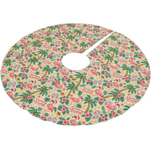 Jupon De Sapin En Polyester Brossé Flamants roses et palmiers de Noël tropicaux