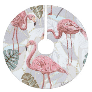 Jupon De Sapin En Polyester Brossé Flamants roses, palmiers feuilles : motif vintage.