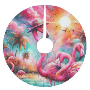 Jupon De Sapin En Polyester Brossé Flamants roses roses tropicaux Palmiers coucher de