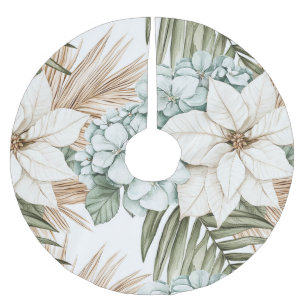 Jupon De Sapin En Polyester Brossé Fleurs blanches bleues tropicales Noël