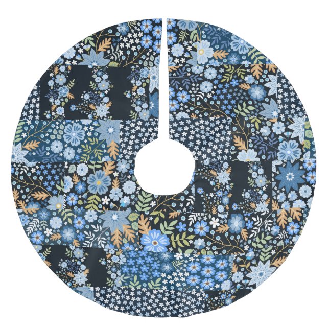 Jupon De Sapin En Polyester Brossé Fleurs Bleues Patchwork : Tissu sans couture. (Devant)