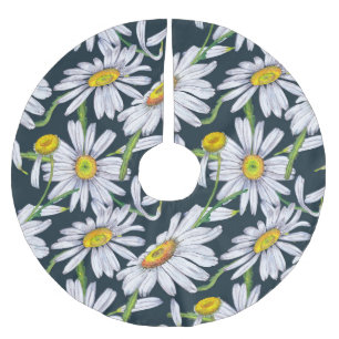 Jupon De Sapin En Polyester Brossé Fleurs chamomiles : Aquarelle bleu foncé.