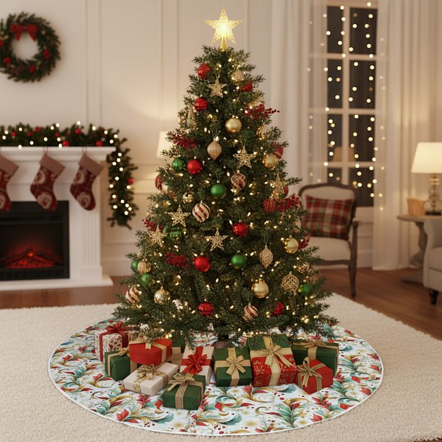 Jupon De Sapin En Polyester Brossé Fleurs de Noël tourbillonnantes (Créateur téléchargé)