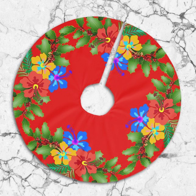 Jupon De Sapin En Polyester Brossé Fleurs hawaïennes Hibiscus Rouge (Créateur téléchargé)