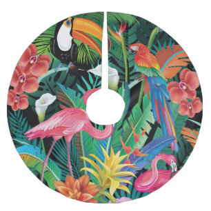 Jupon De Sapin En Polyester Brossé Fleurs tropicales et composition d'oiseaux.