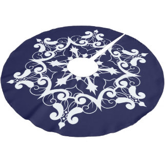 Jupon De Sapin En Polyester Brossé Flocon De Neige Blanc Sur Bleu Foncé