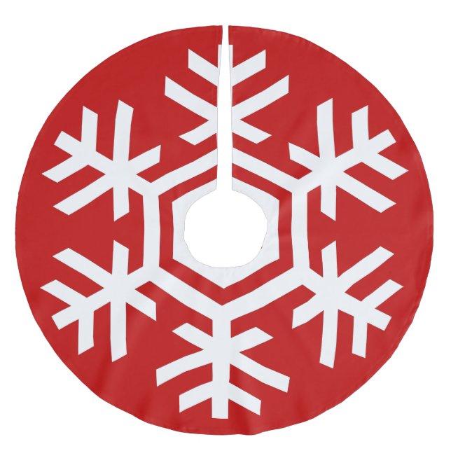 Jupon De Sapin En Polyester Brossé Flocon de neige blanc sur Noël rouge (Devant)