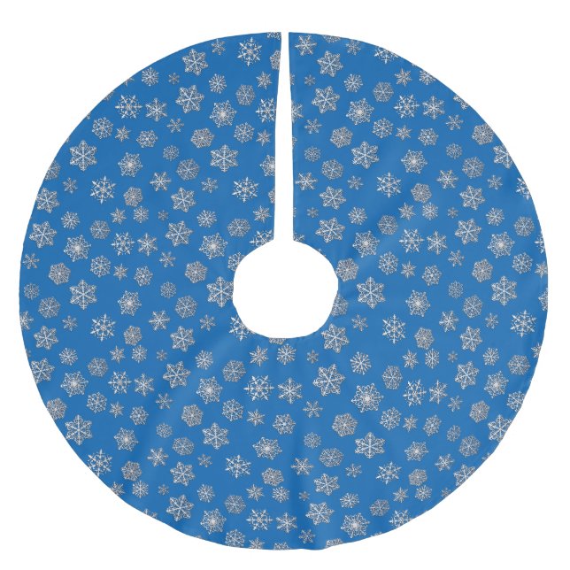 Jupon De Sapin En Polyester Brossé Flocons d'argent sur fond bleu de cobalt (Devant)
