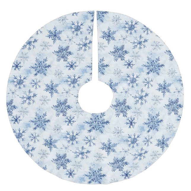 Jupon De Sapin En Polyester Brossé Flocons de neige de Noël bleu blanc (Devant)
