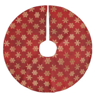 Jupon De Sapin En Polyester Brossé Flocons de neige hivernaux festifs rouges et dorés
