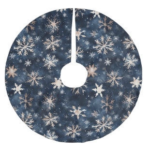 Jupon De Sapin En Polyester Brossé Flocons de Noël Crème Bleue
