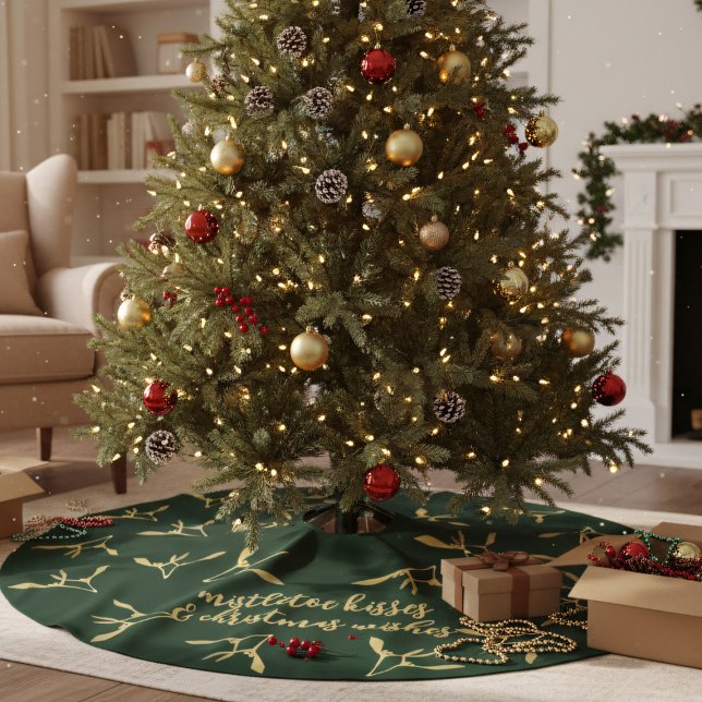 Jupon De Sapin En Polyester Brossé Forêt vert Mistletoe d'or Baisers personnalisés (Deck the Halls Early with this Green and Gold Mistletoe Tree Skirt)