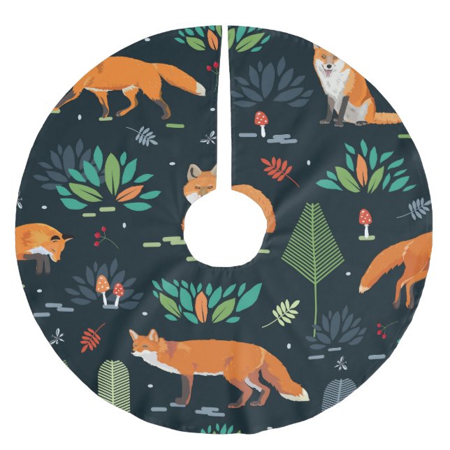 Jupon De Sapin En Polyester Brossé Foxes Arbres Feuilles Dark Arrière - plan (Devant)