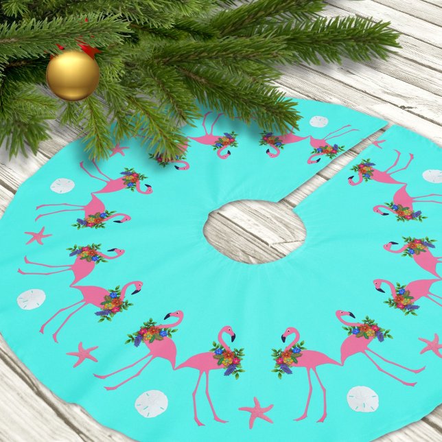 Jupon De Sapin En Polyester Brossé Frontière de Noël du Flamant rose bleu tropical (Créateur téléchargé)