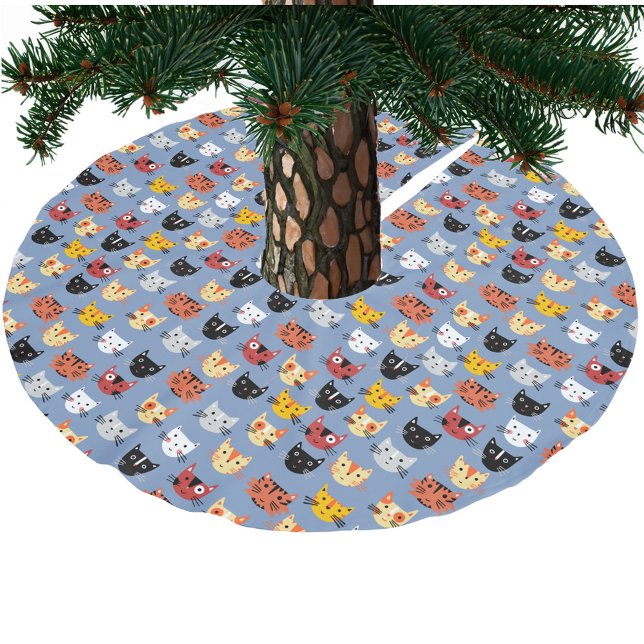 Jupon De Sapin En Polyester Brossé Fun Kitty Chat Motif Bleu (Fun kitty cat pattern festive Christmas tree skirt)
