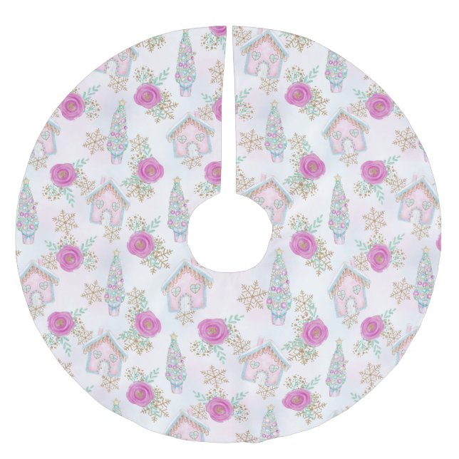 Jupon De Sapin En Polyester Brossé Gingerbread de Noël rose (Devant)