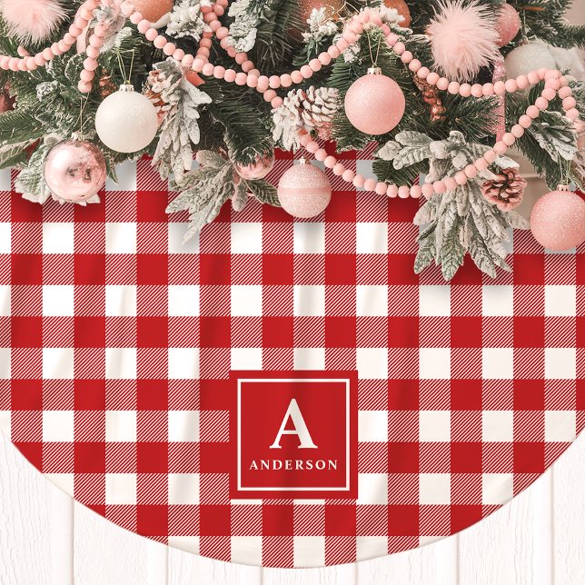 Jupon De Sapin En Polyester Brossé Gingham à carreaux rouges et blancs avec monogramm (Créateur téléchargé)