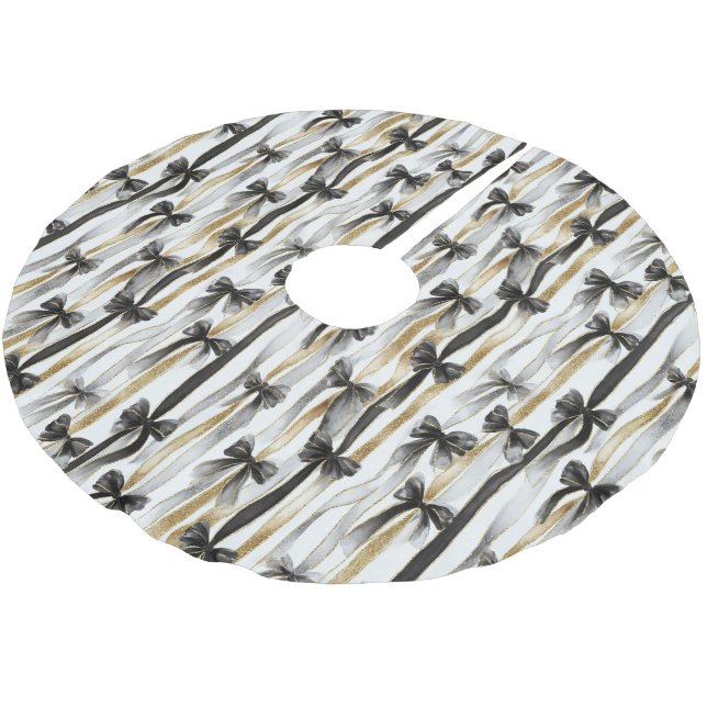 Jupon De Sapin En Polyester Brossé Glitzy Gold Silver Black Ribbons Bows Christmas (Angle)