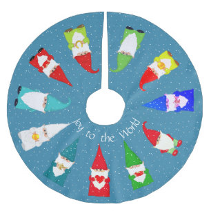 Jupon De Sapin En Polyester Brossé Gnomes de Noël sur fond bleu saphir clair