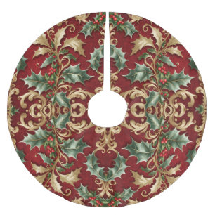 Jupon De Sapin En Polyester Brossé Gold Green Feuille Red Christmas Holiday Tree Jupe