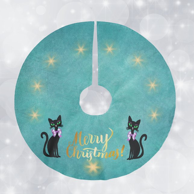 Jupon De Sapin En Polyester Brossé Gold Merry Christmas black Cats Pink Bows Stars (Gold Merry Christmas two black cats pink bows gold stars on teal Christmas tree skirt.)