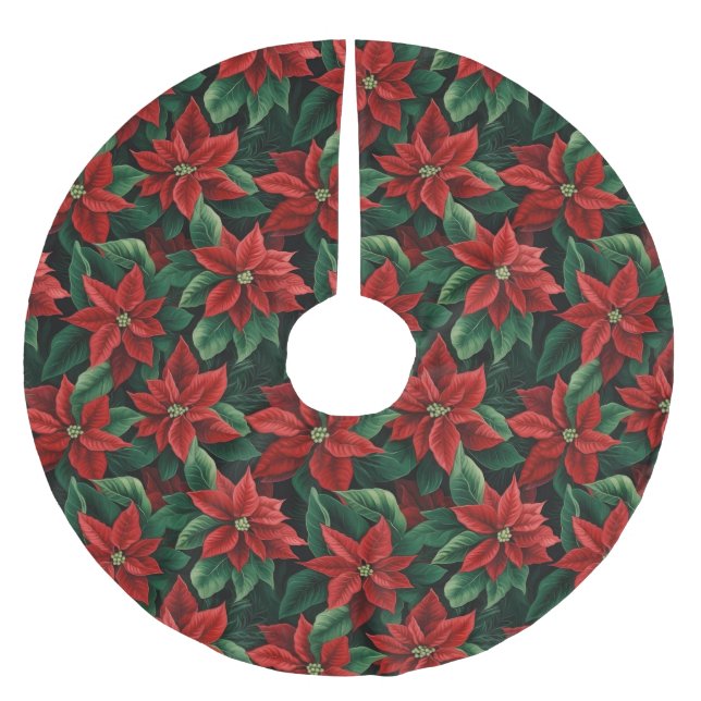 Jupon De Sapin En Polyester Brossé Grands poinsettias rouges et verts - Art numérique (Devant)