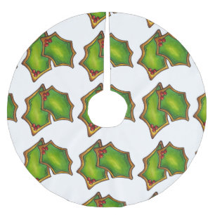Jupon De Sapin En Polyester Brossé Green Holly Leaf Feuilles biscuits de Noël