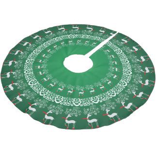 Jupon De Sapin En Polyester Brossé Green Whimsical Christmas Prancing Deer and Lace