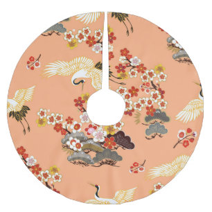 Jupon De Sapin En Polyester Brossé Grues, sakura, colorées, florales, cantaloupe.
