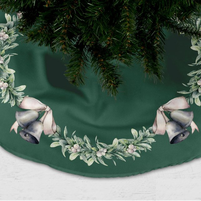 Jupon De Sapin En Polyester Brossé Gui et clochettes argentées vertes  (Mistletoe and Silver Bells Green Christmas tree skirt)