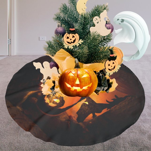 Jupon De Sapin En Polyester Brossé Halloween Amusants avec Citrouilles, fantômes et s (Halloween Fun with Pumpkins, Ghost & Witches Brushed Polyester Tree Skirt)