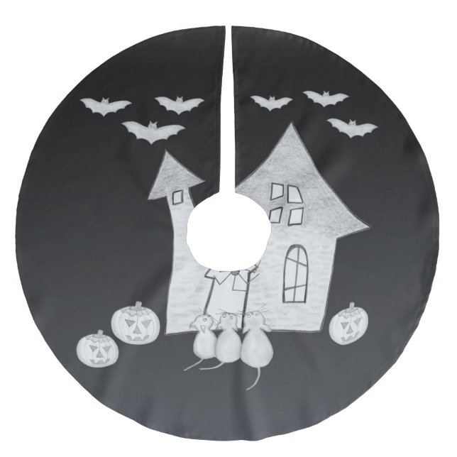 Jupon De Sapin En Polyester Brossé Halloween la nuit avec Haunted House, chauves-sour (Devant)