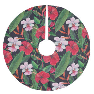 Jupon De Sapin En Polyester Brossé hibiscus rouge, orchidées, aquarelle tropicale.