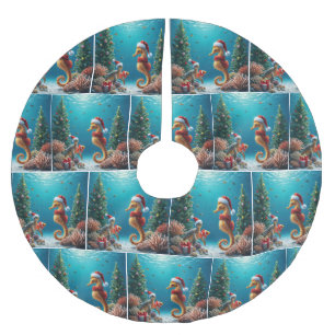Jupon De Sapin En Polyester Brossé Hippocampe de Noël sous-marin et tortue de mer