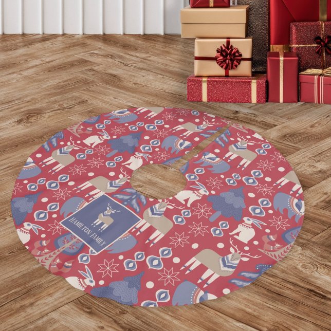 Jupon De Sapin En Polyester Brossé Hiver forestier scandinave Personnalisé (Scandinavian Woodland Winter Personalized Brushed Polyester Tree Skirt by Ricaso. Add your own text)