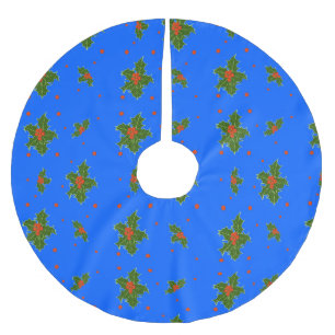 Jupon De Sapin En Polyester Brossé Holly (Ilex) Motif de Noël sur Arrière - plan bleu