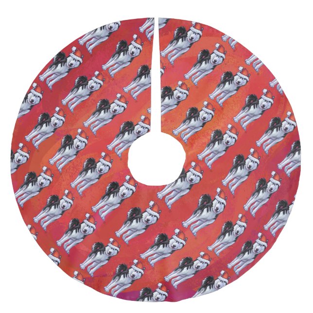 Jupon De Sapin En Polyester Brossé Husky à Santa Hat Sur Rouge (Devant)