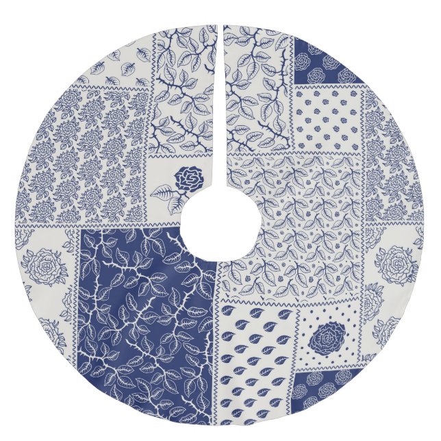 Jupon De Sapin En Polyester Brossé Indigo Bleu Beige Floral Patchwork (Devant)