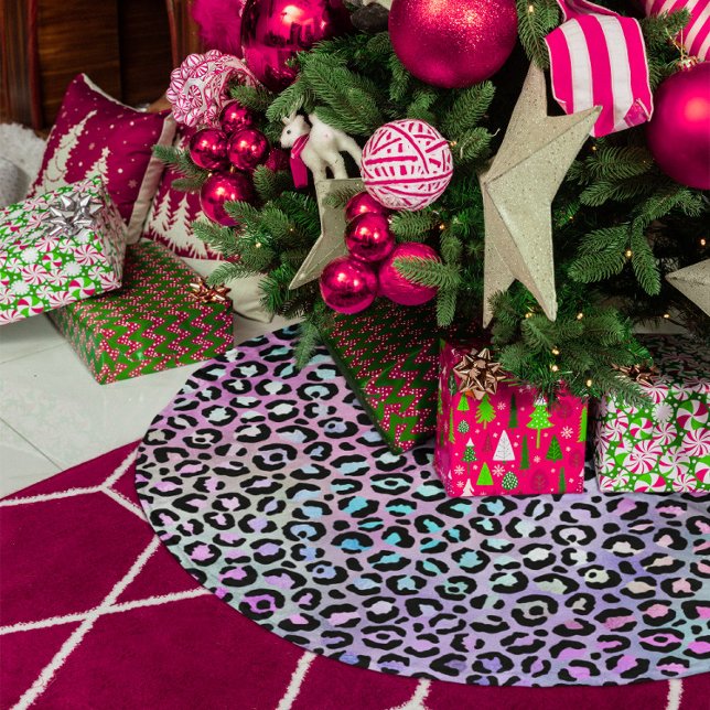 Jupon De Sapin En Polyester Brossé Iridescente rose arc-en-ciel tache léopard (Iridescent Pink Rainbow Leopard Spot Brushed Polyester Tree Skirt)