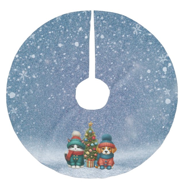Jupon De Sapin En Polyester Brossé Joli chiot de Noël & chaton (Devant)