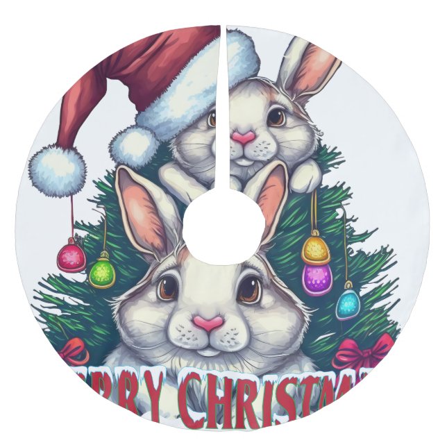 Jupon De Sapin En Polyester Brossé Joli Lapin Joyeux Noël – Lapin de Fête (Devant)