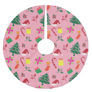Jupon De Sapin En Polyester Brossé Joli Motif de Noël rose rouge rose