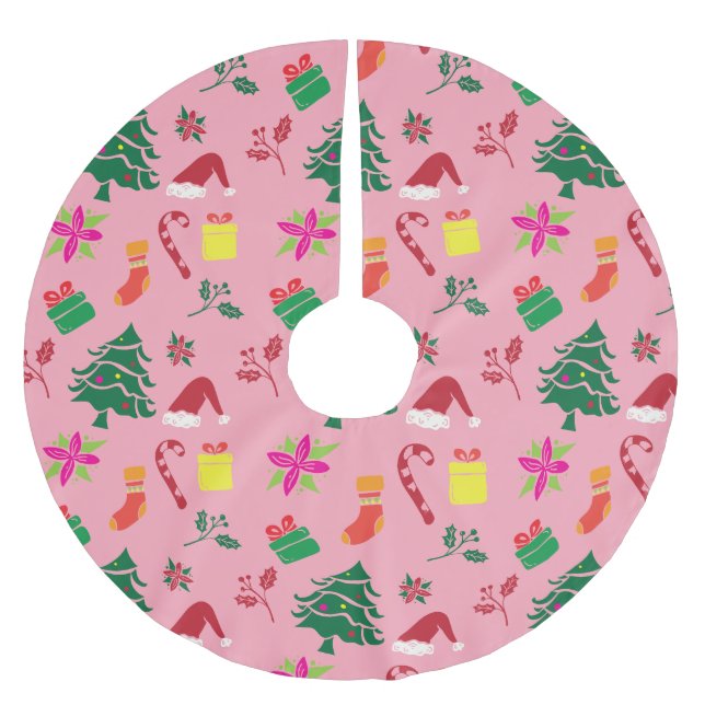 Jupon De Sapin En Polyester Brossé Joli Motif de Noël rose rouge rose (Devant)