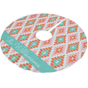 Jupon De Sapin En Polyester Brossé Joli motif géométrique d'hiver Teal et rose Nom 