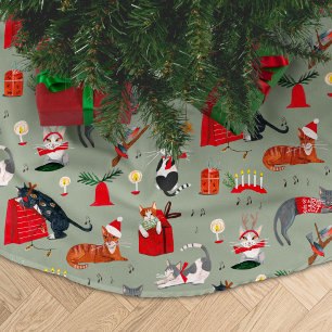 Jupon De Sapin En Polyester Brossé Joli motif vert de Noël pour amateur de chats rétr