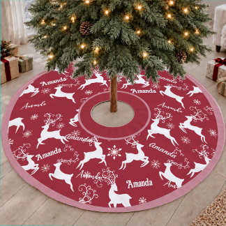 Jupon De Sapin En Polyester Brossé Joli Noël de Renne à Nom Répété Rouge