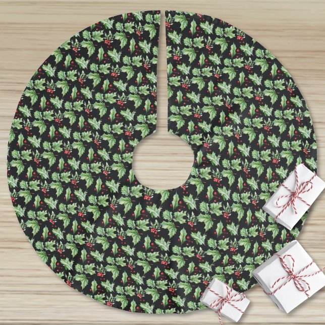 Jupon De Sapin En Polyester Brossé Joli Noël Moderne (Black Holly Christmas Brushed Polyester Tree Skirt)
